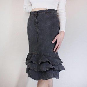 Grey Dark Tiered Ruffle Y2K / 90s Inspired Grunge Midi Denim Skirt